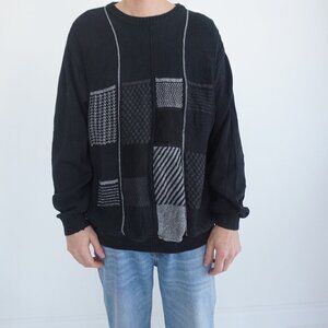 Vintage Tosani Black Gray 3D Eclectic Grandpa Knit Crew Neck Sweater Large
